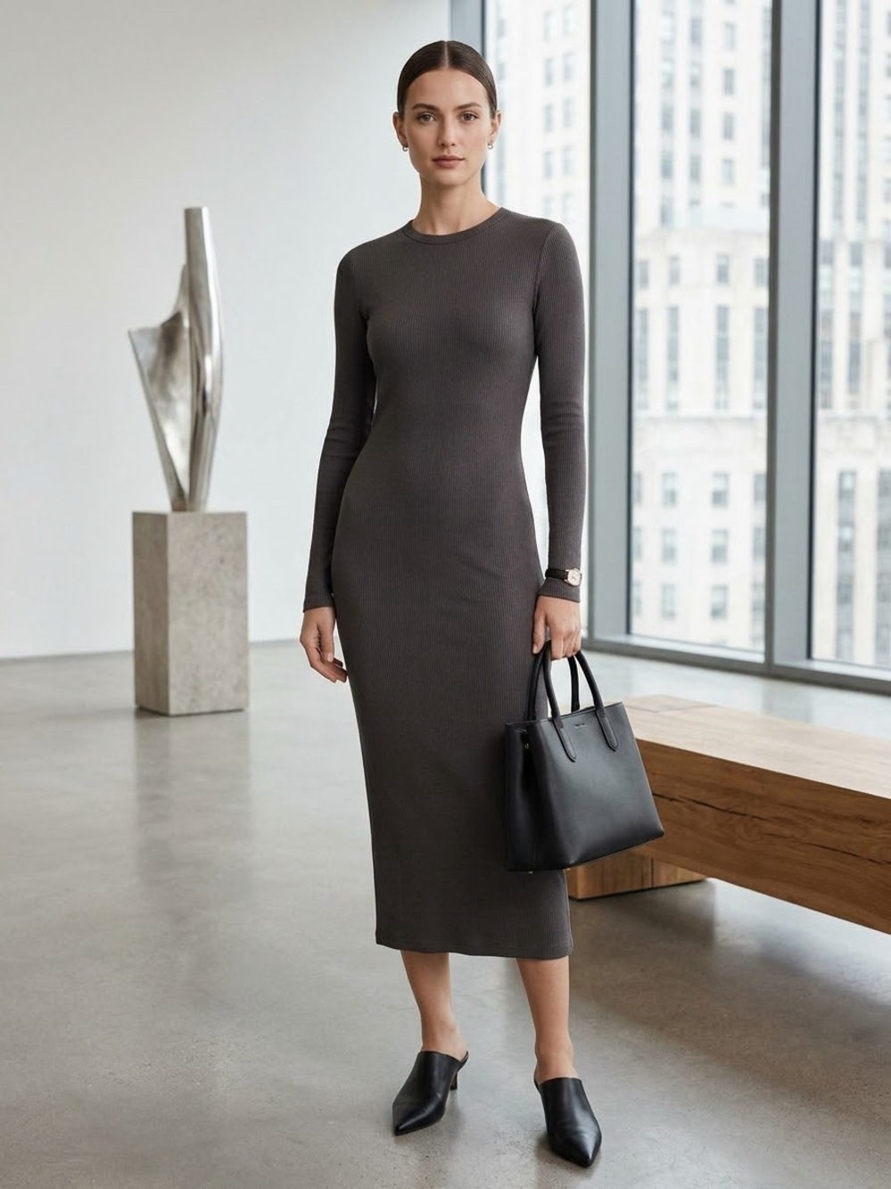 Uniqlo Charcoal Grey Ribbed Long Sleeve Crewneck Midi Dress M Minimalist Elevate